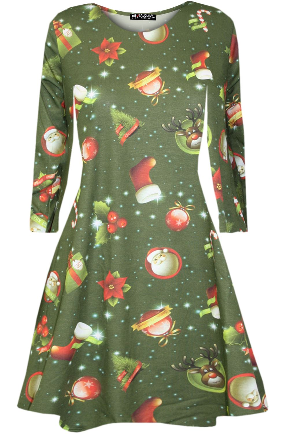 Kids Christmas Printed Casual Long Sleeve Girls Xmas Flared Mini Swing Dresses - Picture 13 of 30