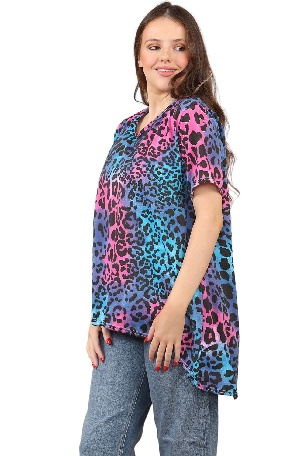 Womens Ladies V-Neck Short Sleeve Long Swing High Low Dipped Hem T-Shirt Top - Picture 16 of 40