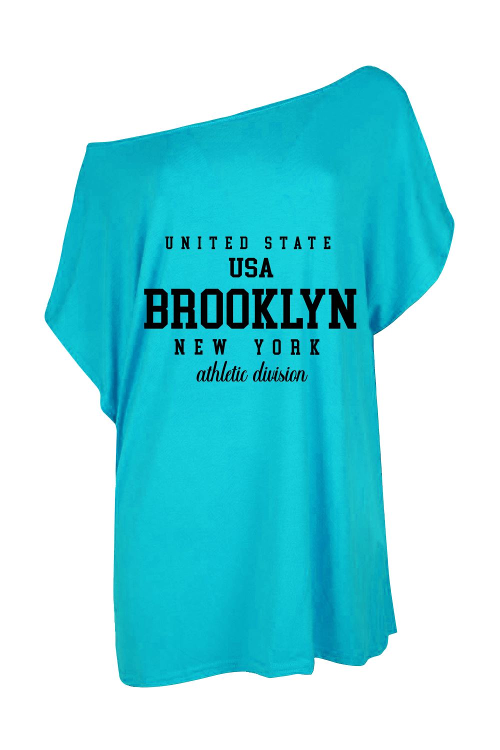 Womens Brooklyn USA Slogan One Shoulder Oversized Batwing Sleeve Summer T Shirt - Picture 10 of 36
