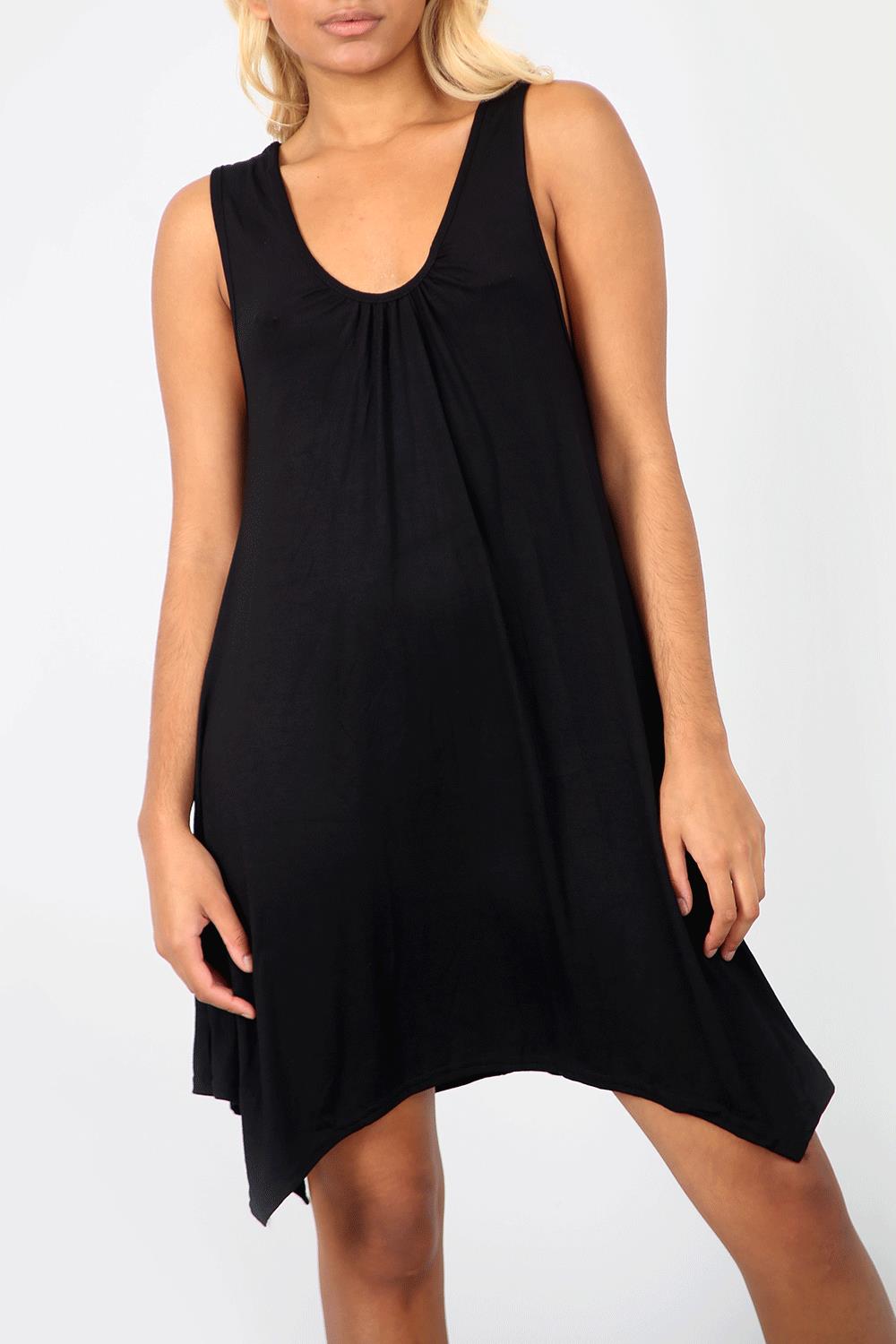 Mini Sleeveless Hanky Hem Stretchy Ruched Top Flared Womens Swing Dress - Picture 2 of 14