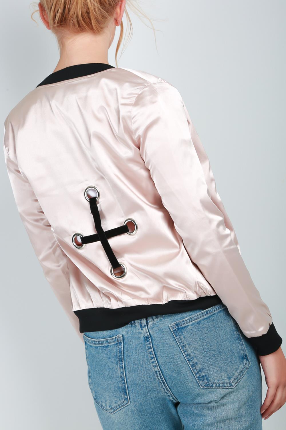 Ladies Women Baseball Collar Zip Up Eyelets Shiny Satin Biker Coat Bomber Jacket Ladies Women Baseball Collar Zip Up Eyelets Shiny Satin Biker Coat Bomber Jacket
