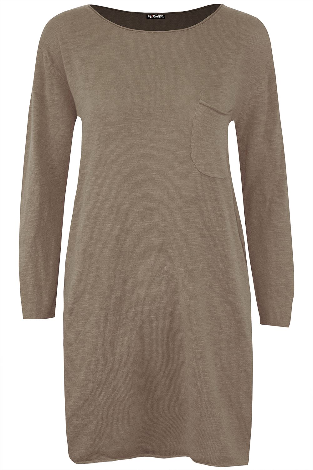 Womens Fleece Knitted Front Pockets Ladies Long Sleeves Fleece Jumper Mini Dress - Picture 5 of 6