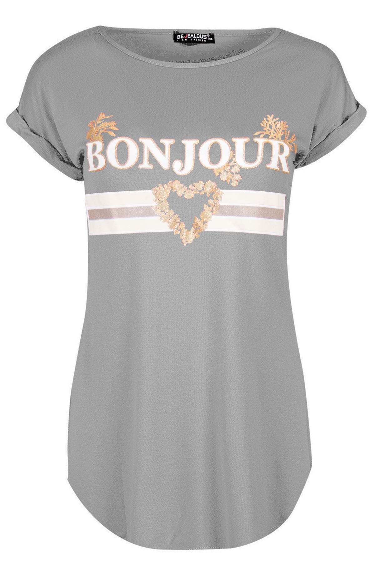 Womens Ladies Turn Up Sleeve Round Neck Curved Hem Bonjour Jersey T-Shirt Top - Picture 47 of 49