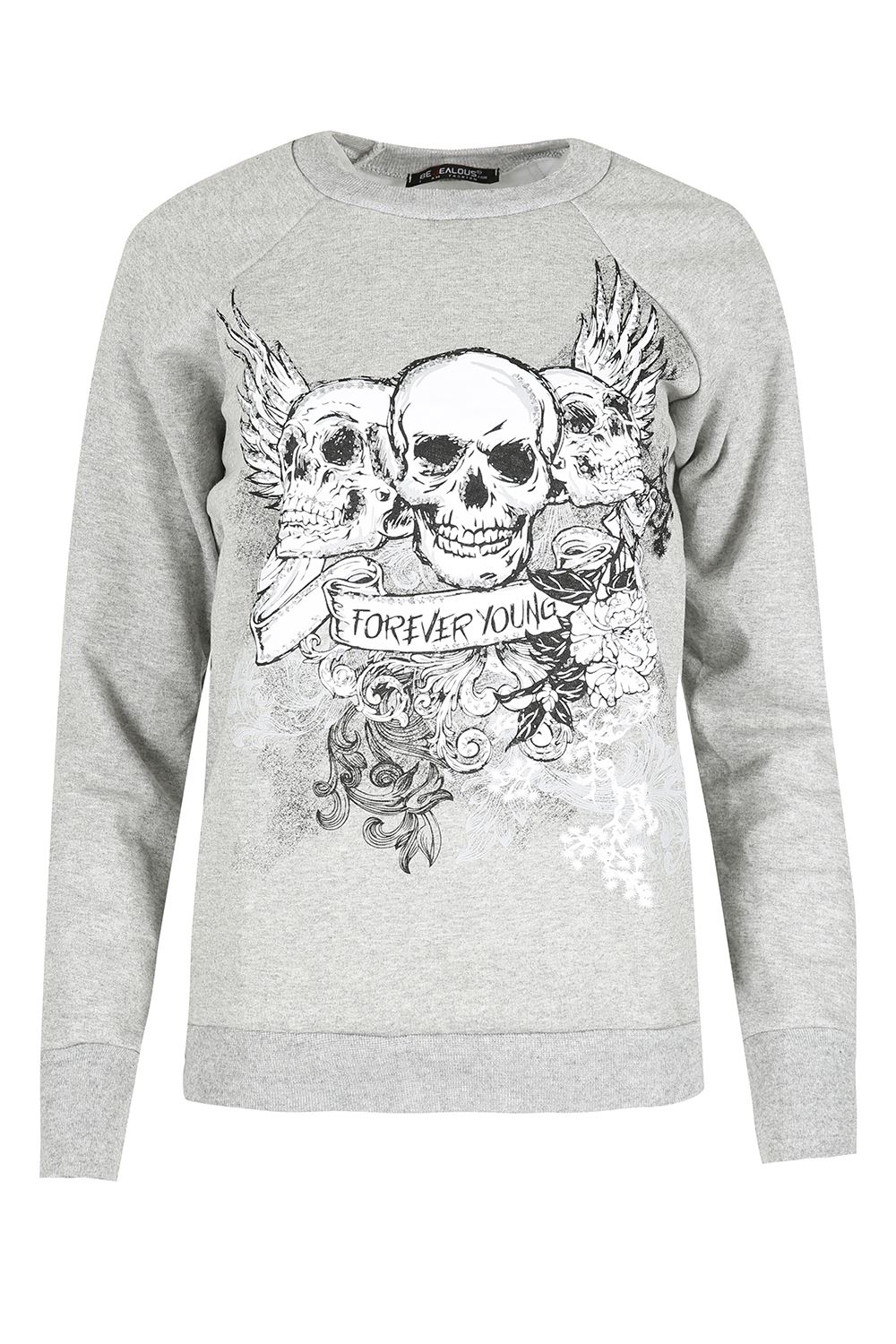 Womens Halloween Costume Tops Ladies Fancy Skull Forever Young Fleece Sweatshirt - Picture 6 of 9
