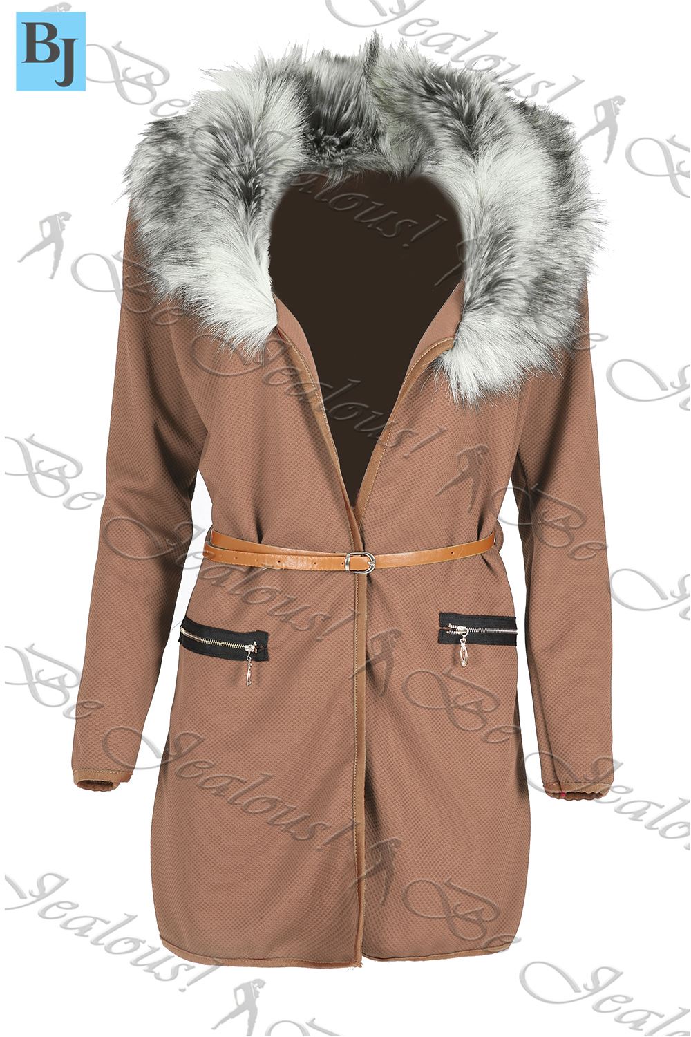 Belted faux fur coat