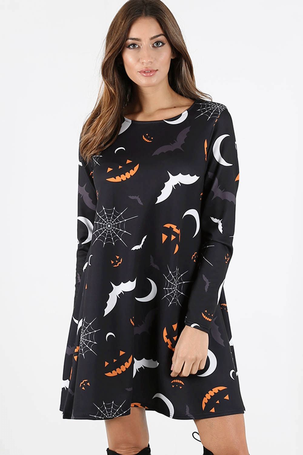 Ladies Womens Skeleton Spider Pumpkin Hallowen Skeleton Smock Swing Mini Dress - Picture 22 of 43