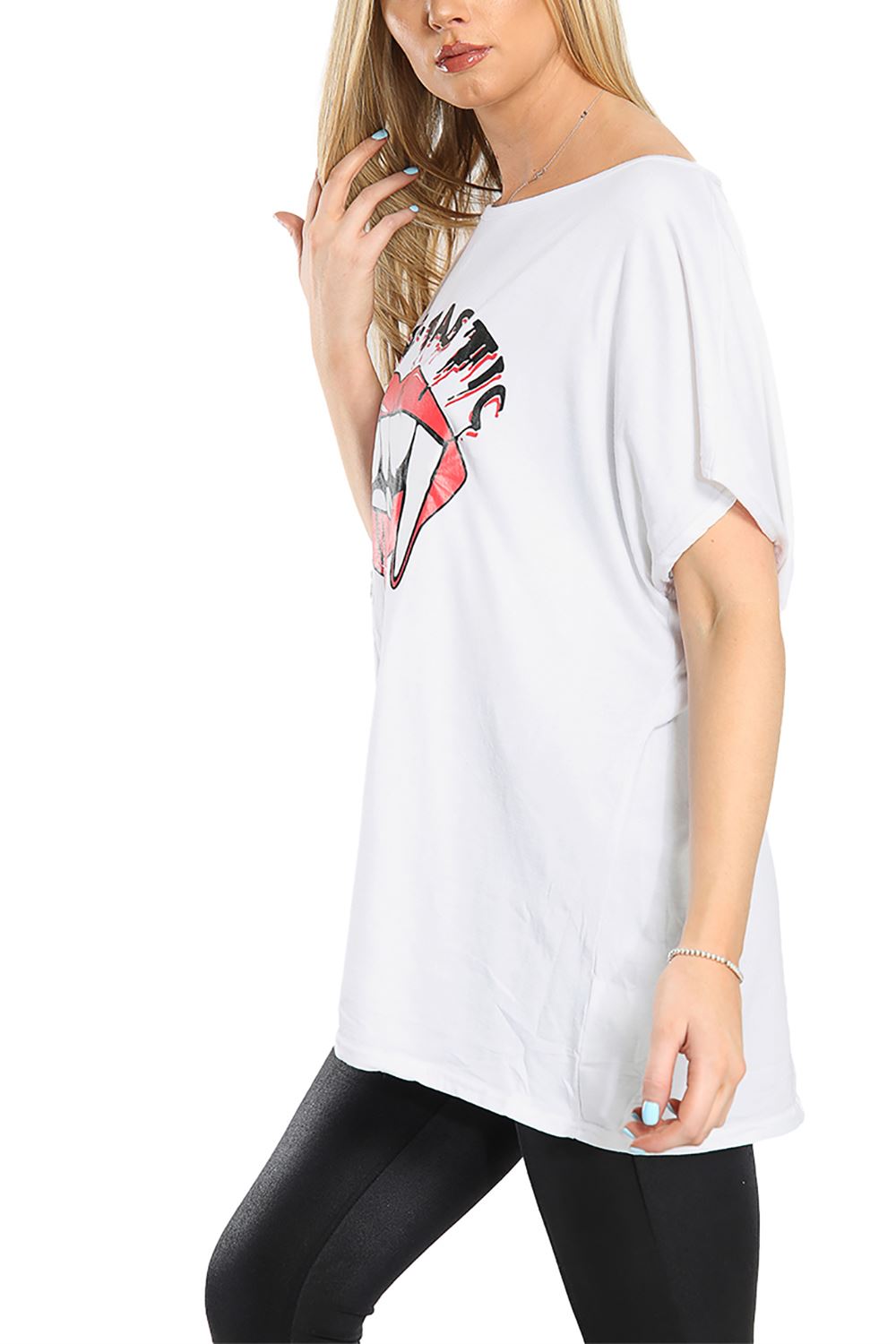 Womens Halloween Loose Fit Fang Tastic Bleeding Lip Top Ladies Batwing T Shirt - Picture 48 of 119