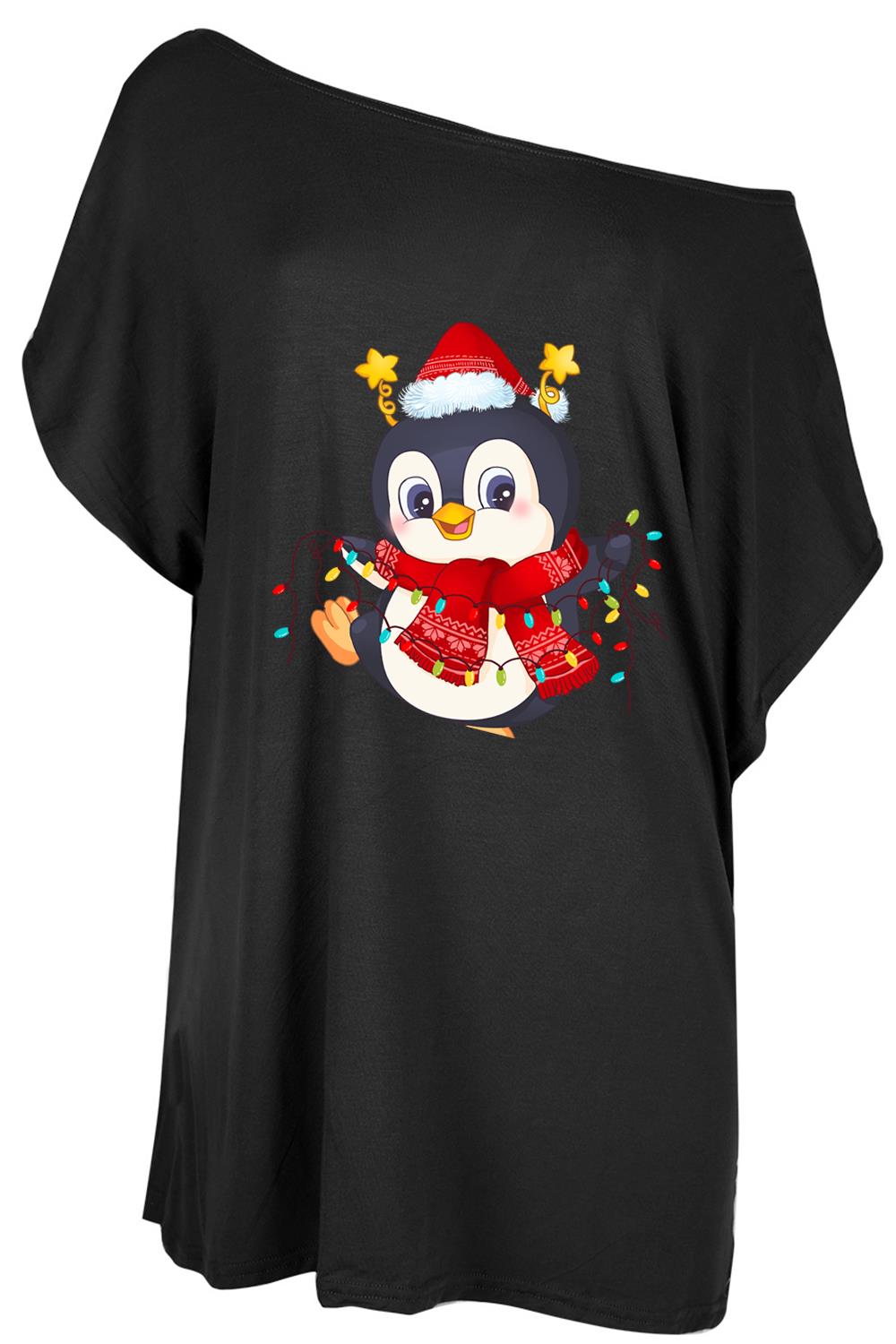 Womens Christmas Santa Oversized Top Ladies Baggy Batwing One Shoulder T Shirt - Picture 5 of 15