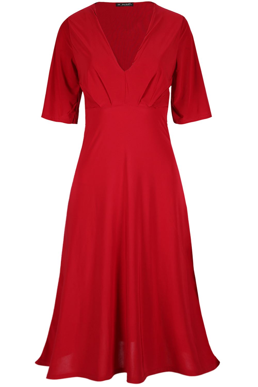 Womens Midi Dress Ladies Deep Plunge V Neck Ruched 3 4 Sleeve Flared