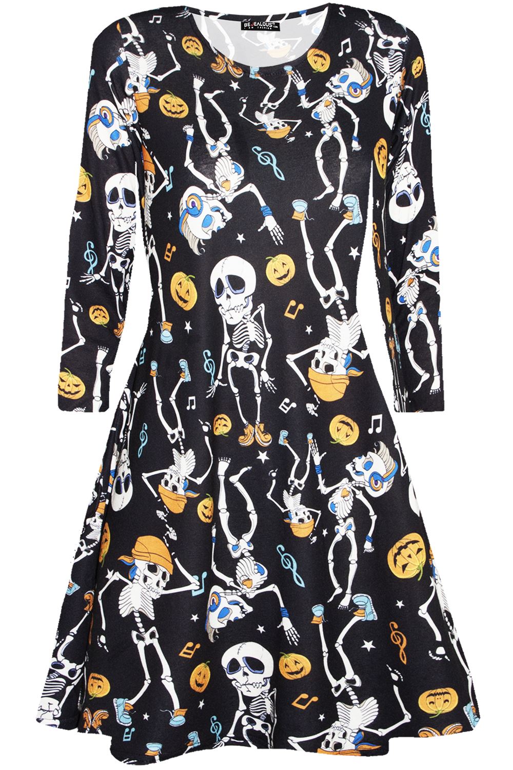 Ladies Long Sleeve Spider Skeleton Halloween Smock Pumpkin Womens Swing Dress - Picture 15 of 52
