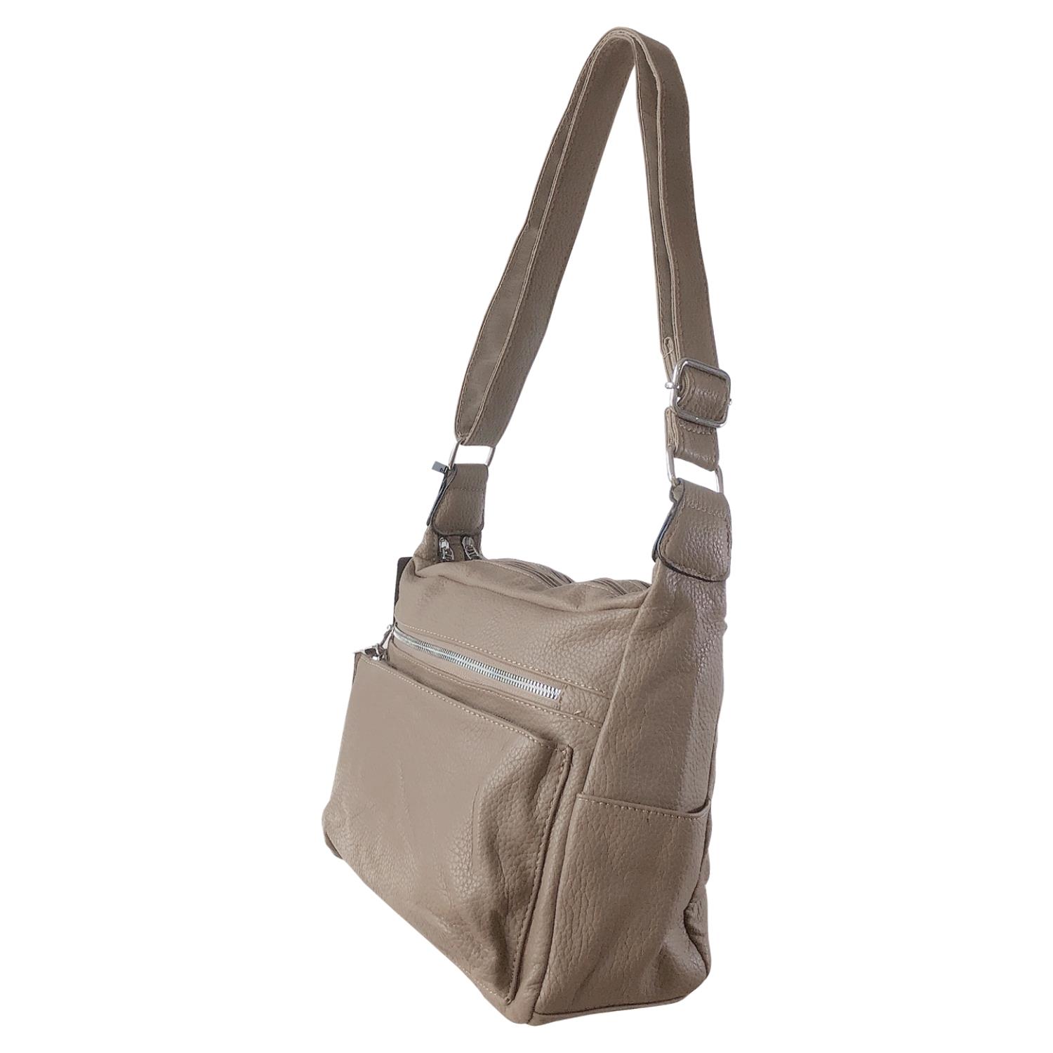 Ladies Tan Handbag Faux Leather Shoulder Bag with Multi Compartments & Strap - Picture 26 of 30