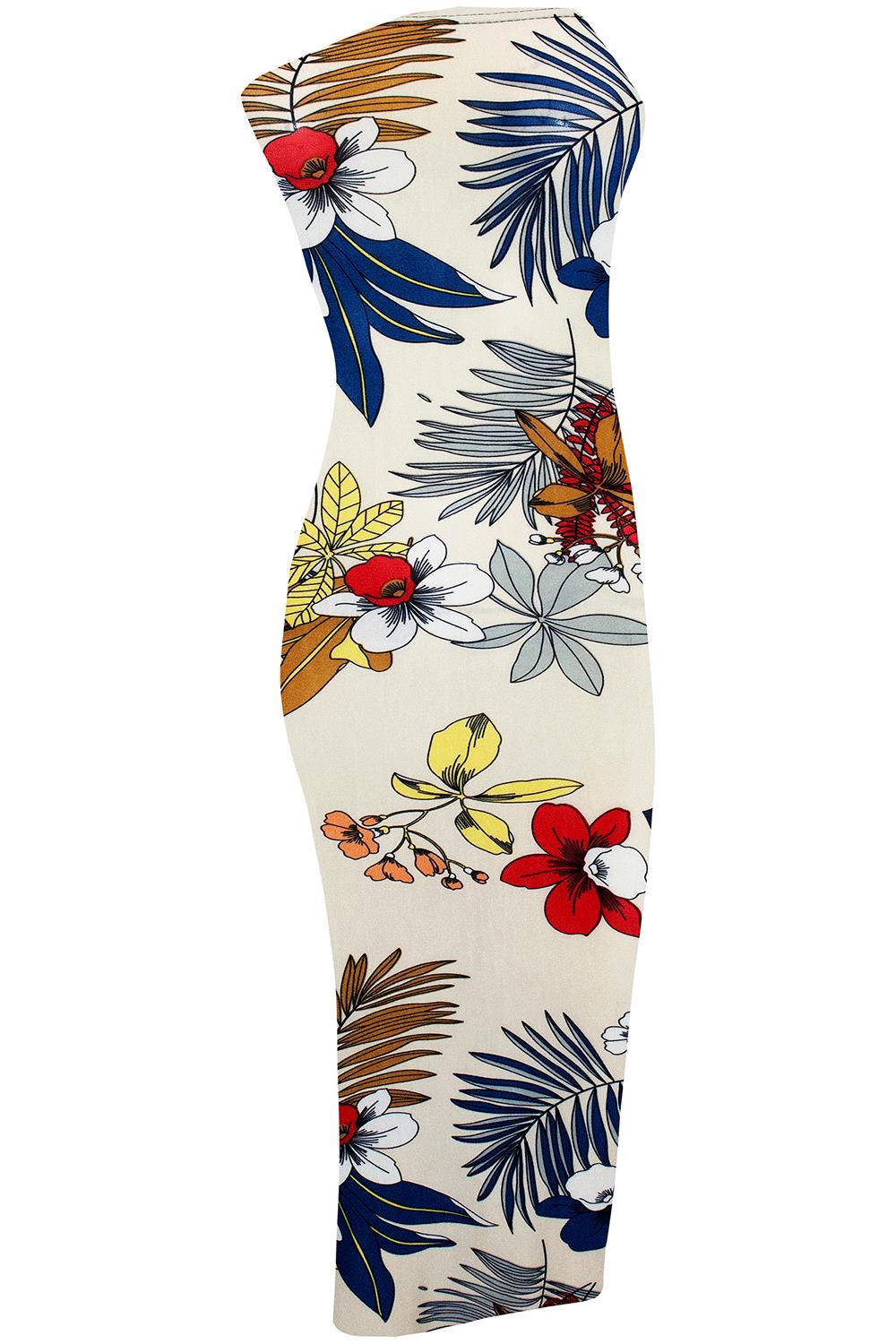 Womens Ladies Floral Rose Printed Strapless Midi Bandeau Boobtube Bodycon Dress