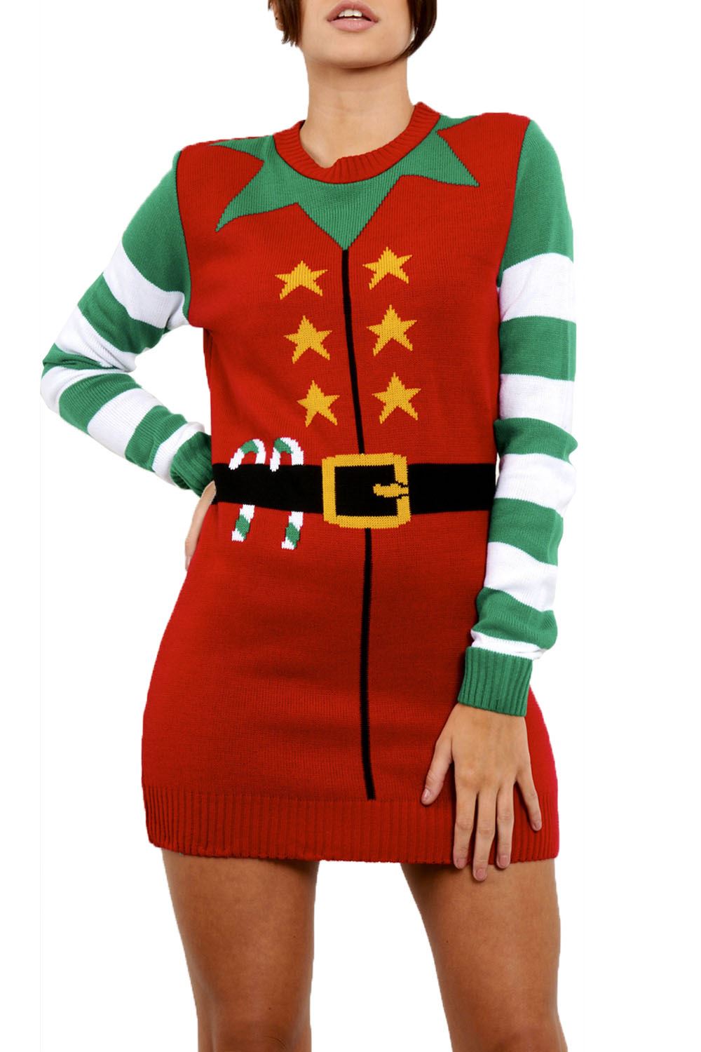 Womens Ladies Christmas Star Elf Costume Full Stripe Sleeve Xmas Knit Mini Dress - Picture 2 of 62