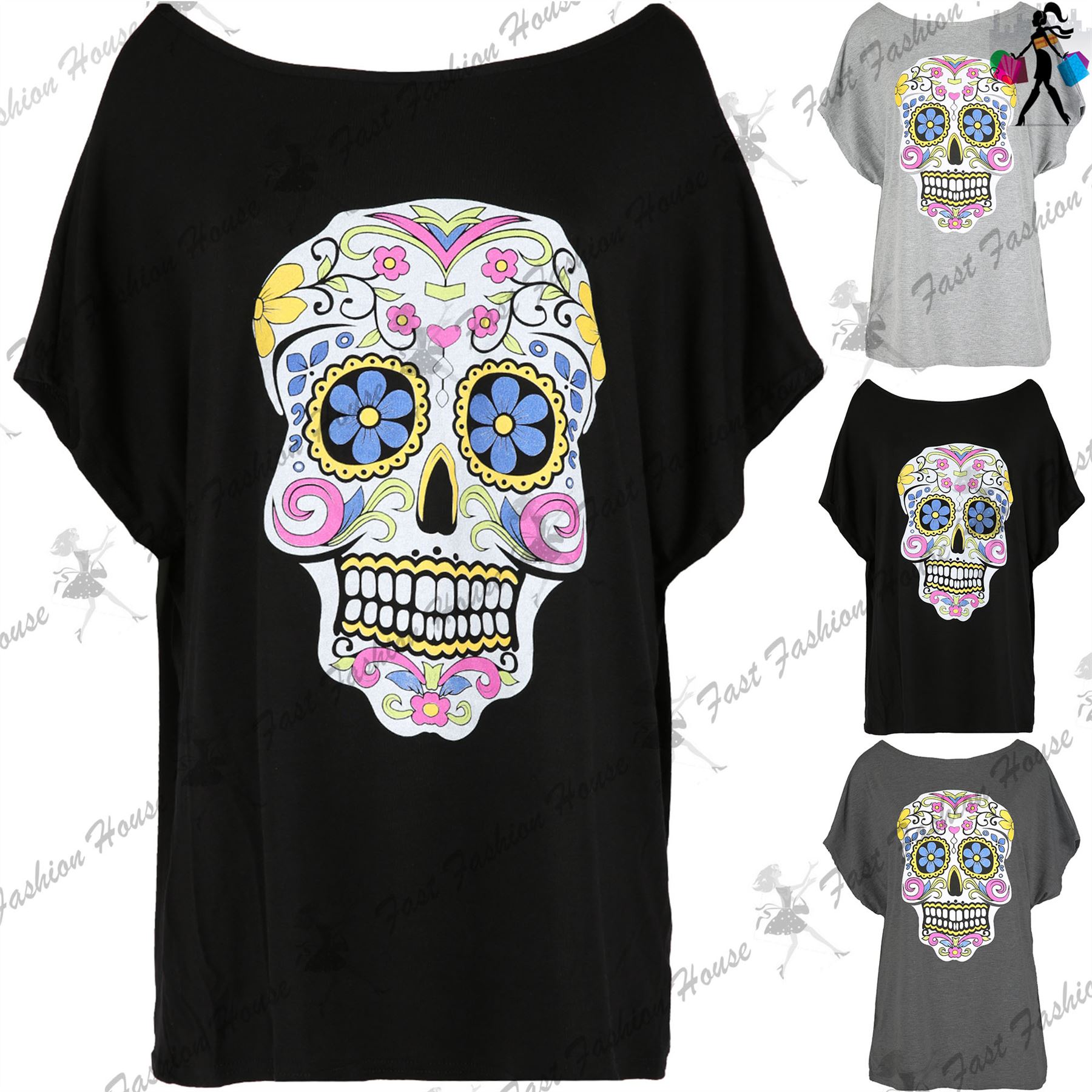 WOMENS HALLOWEEN SKULL Fancy Costume T Shirts Ladies Oversized Baggy