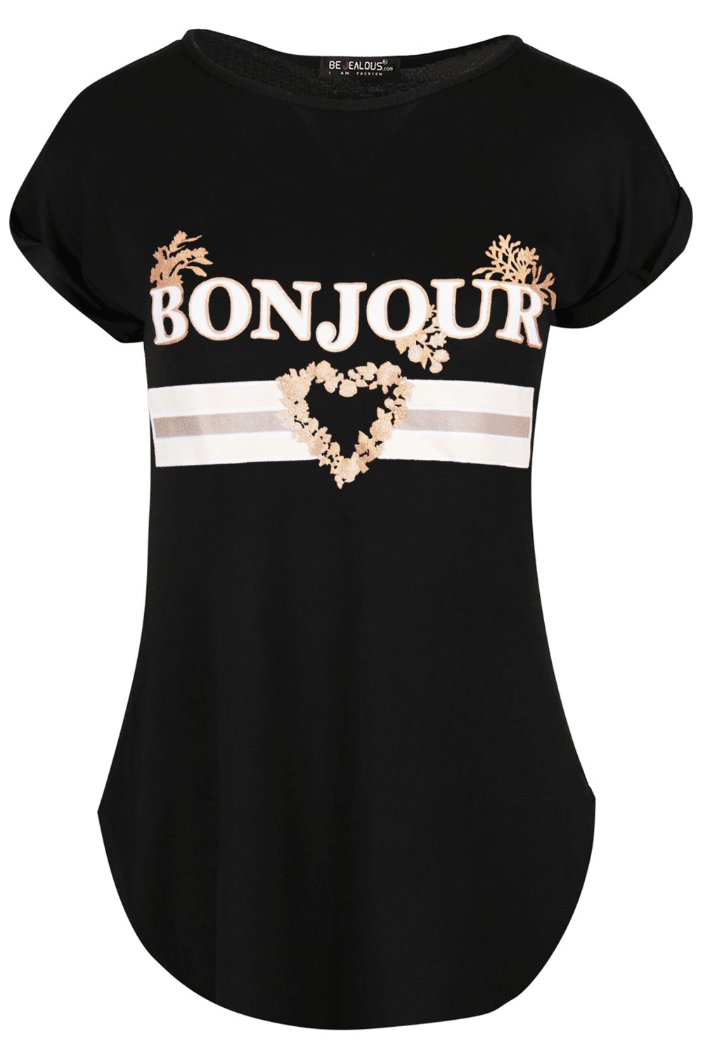 Womens Ladies Turn Up Sleeve Round Neck Curved Hem Bonjour Jersey T-Shirt Top - Picture 2 of 49