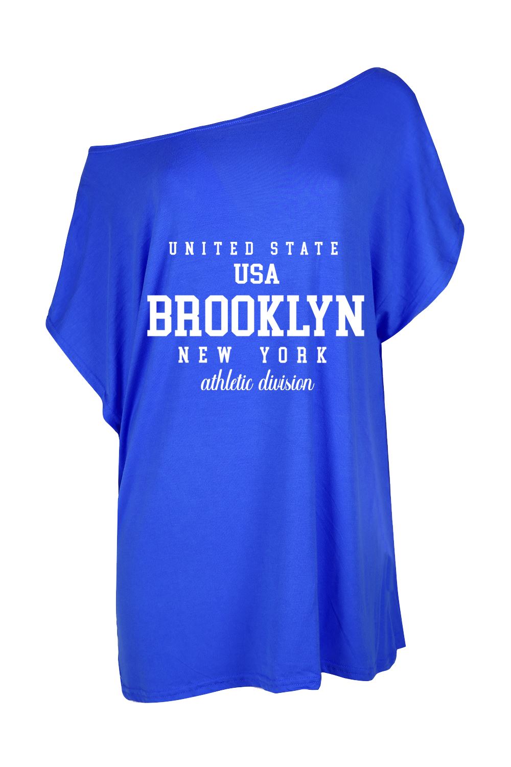 Womens Brooklyn USA Slogan One Shoulder Oversized Batwing Sleeve Summer T Shirt - Picture 6 of 36