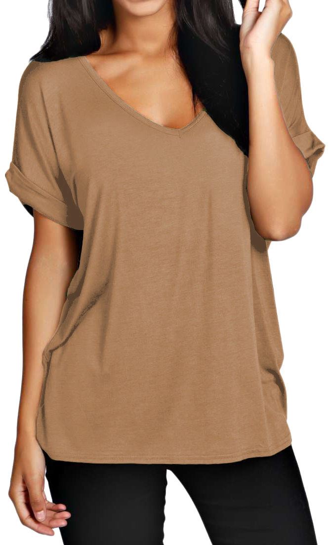 Womens Ladies Plain V Neck Batwing Baggy Oversized Turn Up Sleeve T Shirt Top - Picture 6 of 13