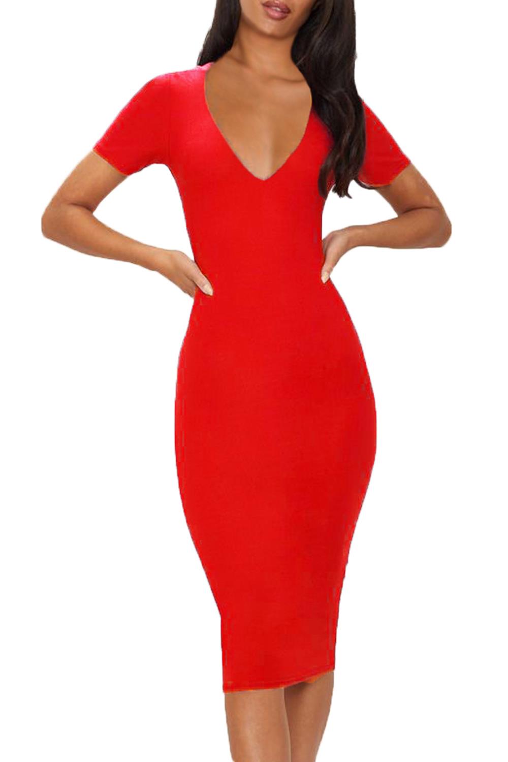 Ladies Women Slim Fit Pencil Plain Plunge V Neck Short Sleeve Midi Bodycon Dress - Picture 7 of 16