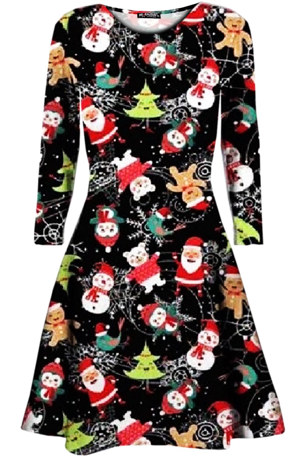 Kids Christmas Printed Casual Long Sleeve Girls Xmas Flared Mini Swing Dresses - Picture 17 of 30