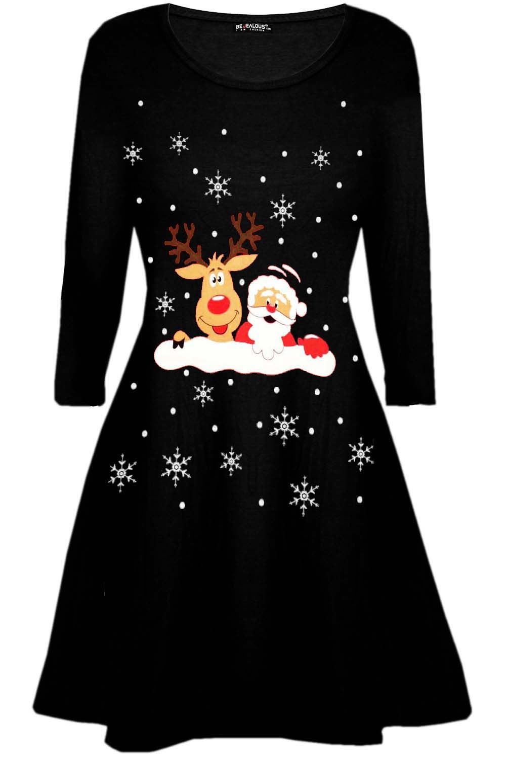 Womens Ladies Snowflakes Reindeer Santa Costume Christmas Xmas Swing Mini Dress - Picture 3 of 51