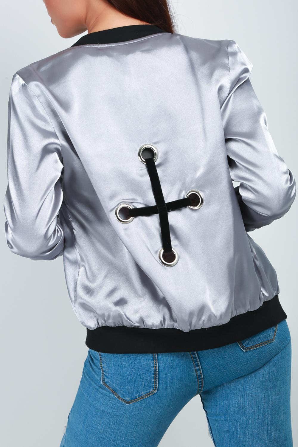 Ladies Women Baseball Collar Zip Up Eyelets Shiny Satin Biker Coat Bomber Jacket Ladies Women Baseball Collar Zip Up Eyelets Shiny Satin Biker Coat Bomber Jacket