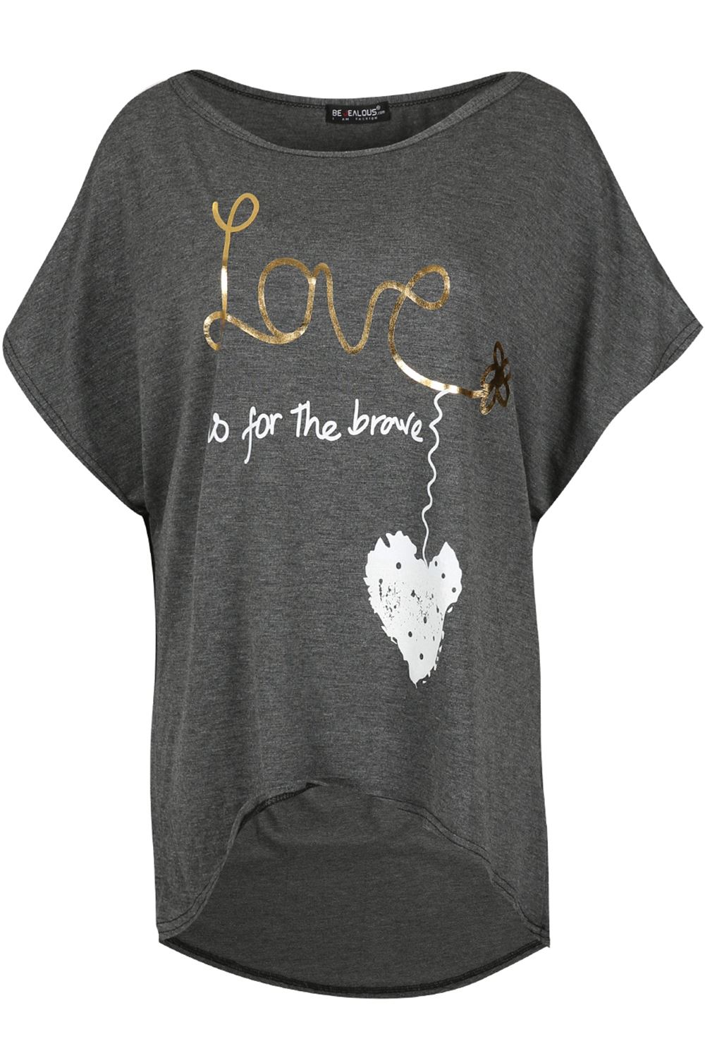 Ladies Oversized LOVE BRAVE HEART Printed Womens Baggy Batwing Hi Lo T Shirt Top - Picture 6 of 75