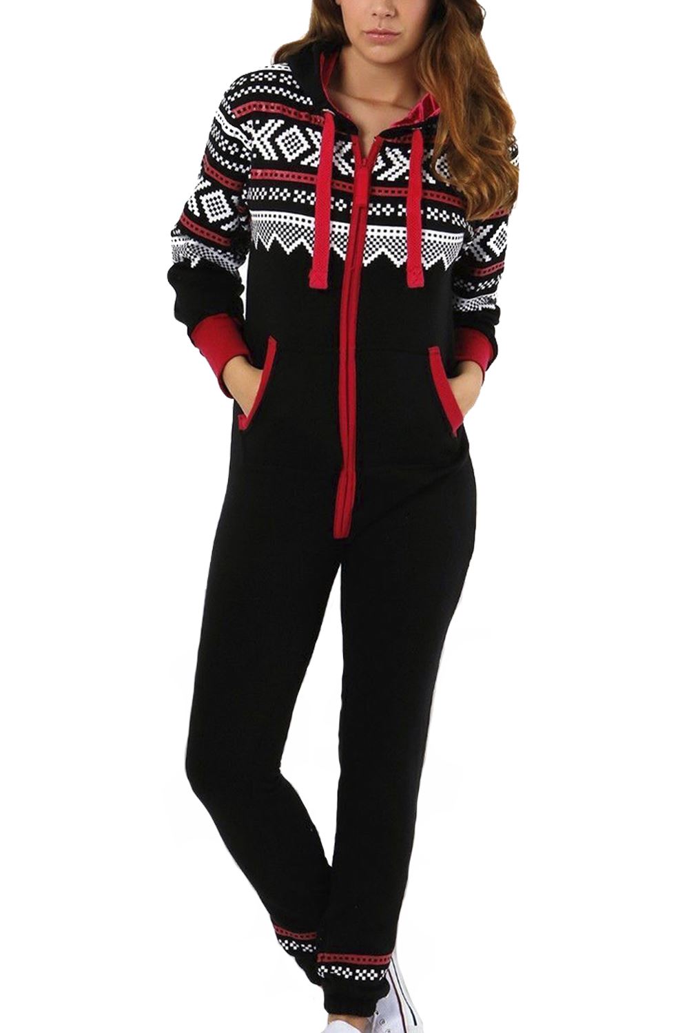 Womens Ladies Aztec Printed Hooded Jumpsuits Long sleeve Zip Up Pajamas