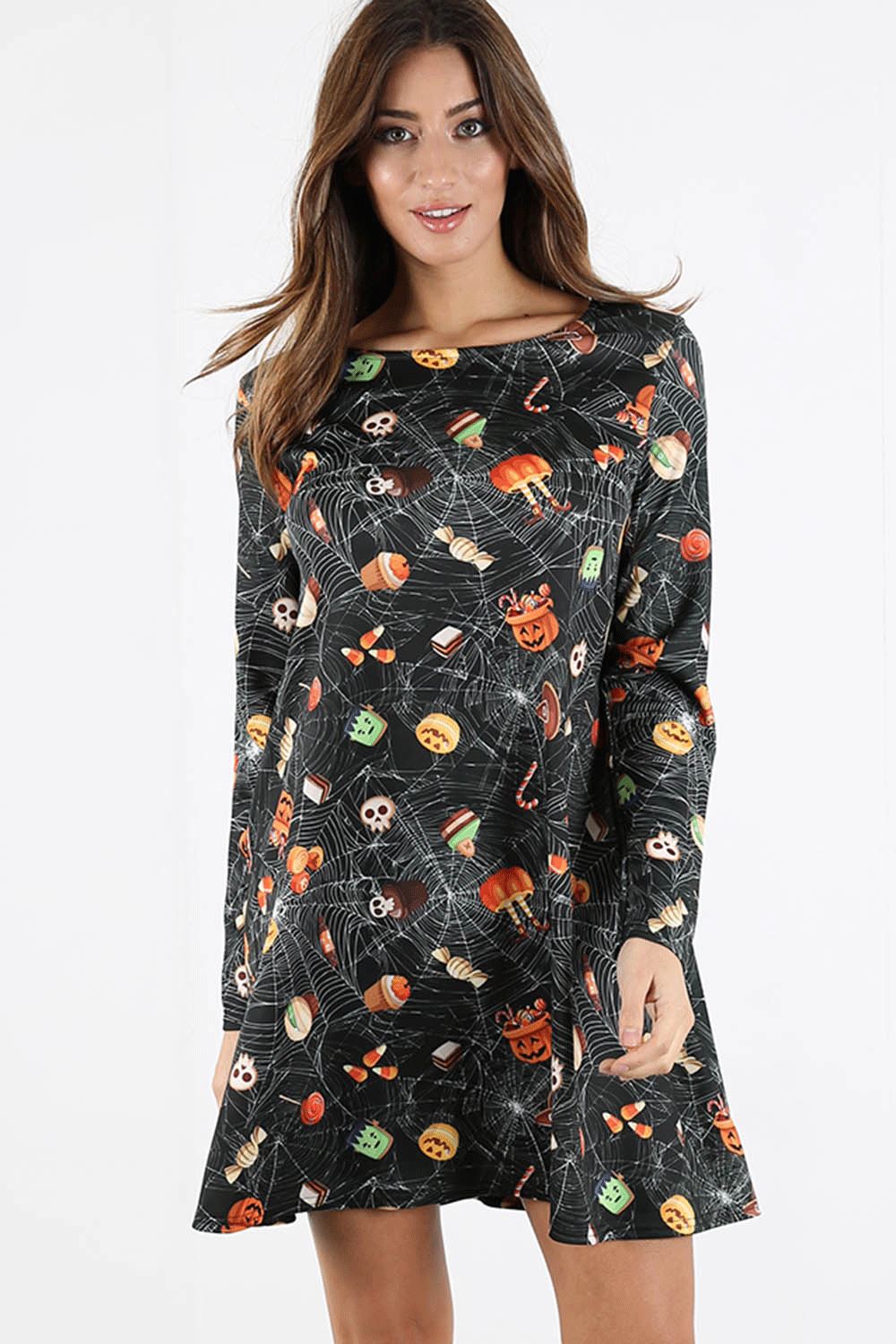 Ladies Womens Skeleton Spider Pumpkin Hallowen Skeleton Smock Swing Mini Dress - Picture 31 of 43