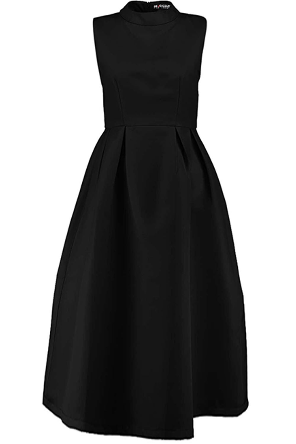 Womens Ladies Sleeveless Cutaway Swing Pleated Flared Skater Midi Dress
