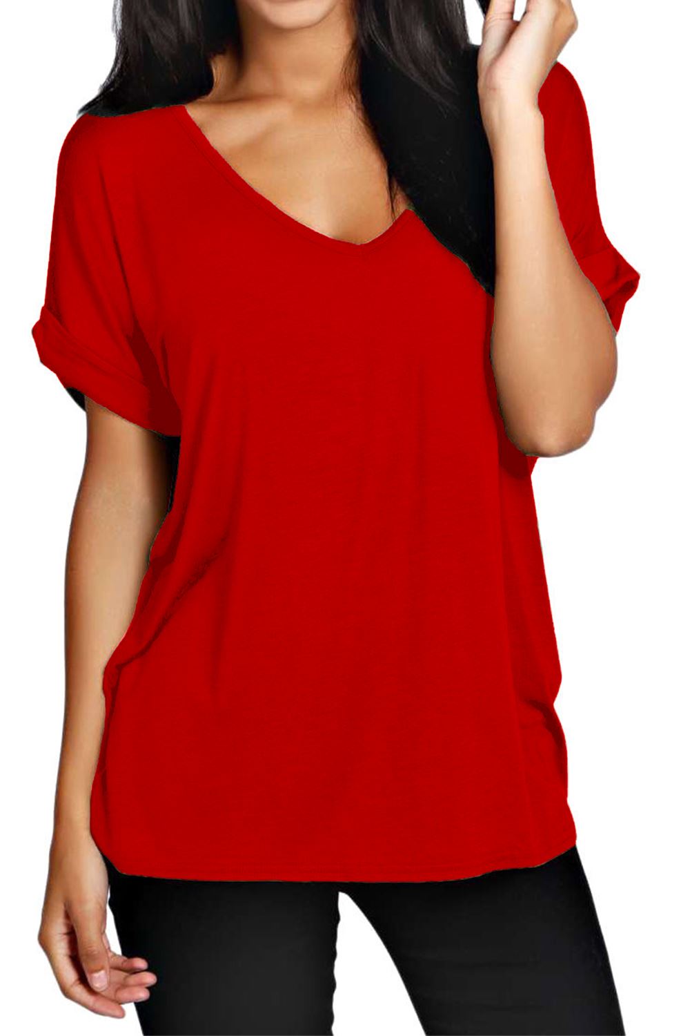 Womens Ladies Plain V Neck Batwing Baggy Oversized Turn Up Sleeve T Shirt Top - Picture 3 of 13