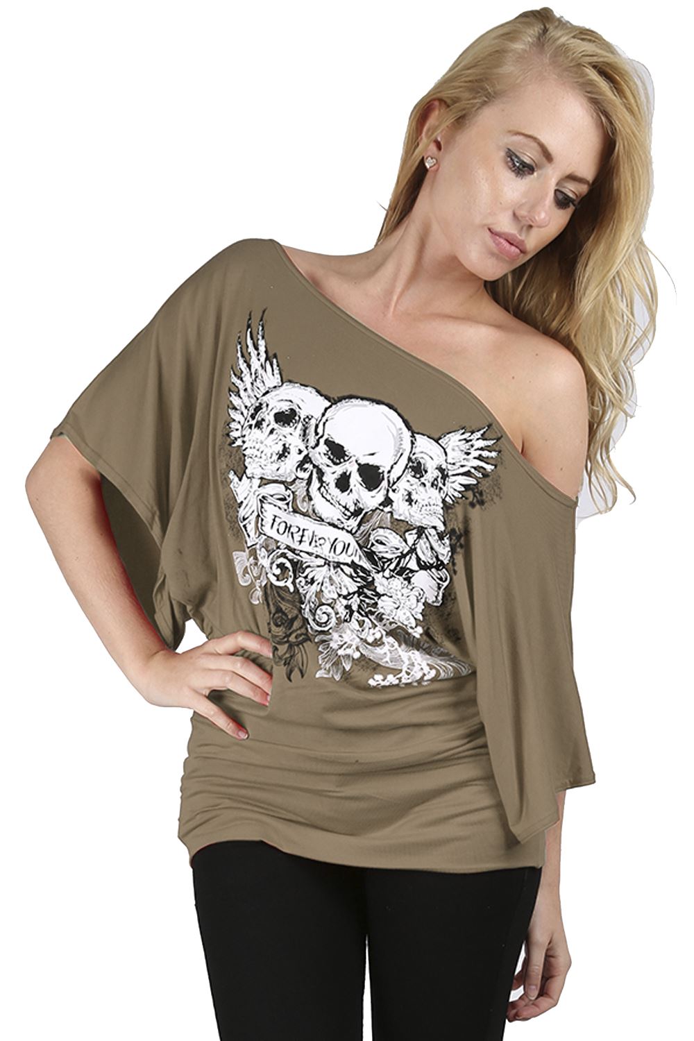 Plus Size Ladies Womens Off One Shoulder Skull Bardot Batwing Sleeve T Shirt Top - Picture 6 of 11