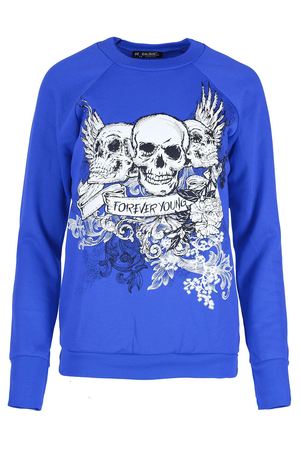 Womens Halloween Costume Tops Ladies Fancy Skull Forever Young Fleece Sweatshirt - Picture 3 of 9