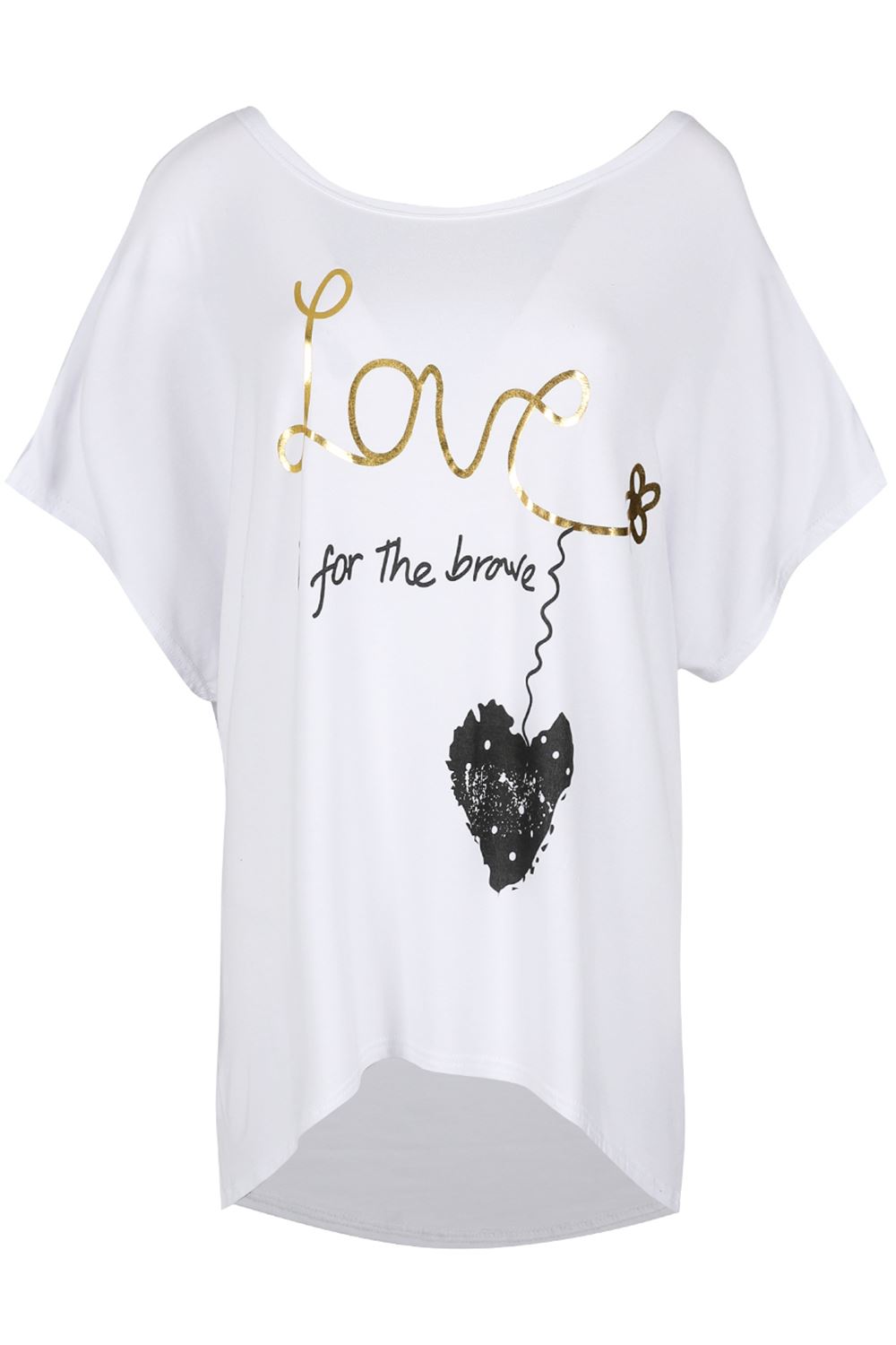 Ladies Oversized LOVE BRAVE HEART Printed Womens Baggy Batwing Hi Lo T Shirt Top - Picture 7 of 75