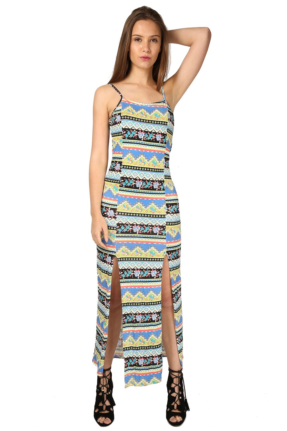 Womens Strappy Front Double Split Cami Summer Sleeveless Ladies Long Maxi Dress