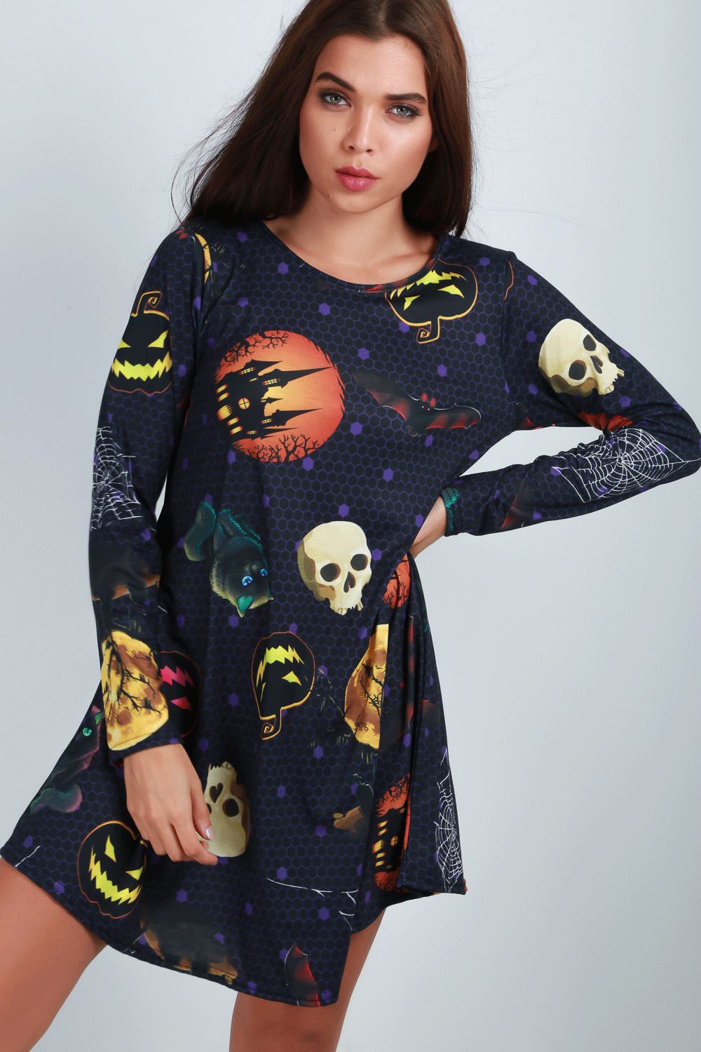 Ladies Womens Skeleton Spider Pumpkin Hallowen Skeleton Smock Swing Mini Dress - Picture 33 of 43