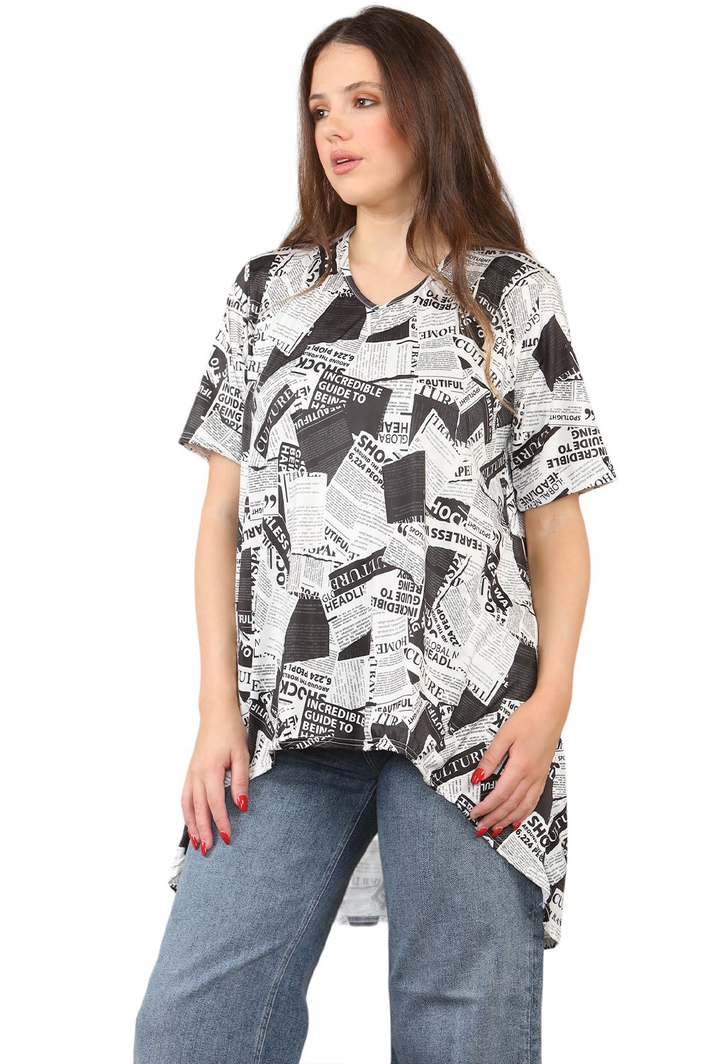 Womens Ladies V-Neck Short Sleeve Long Swing High Low Dipped Hem T-Shirt Top - Picture 22 of 40