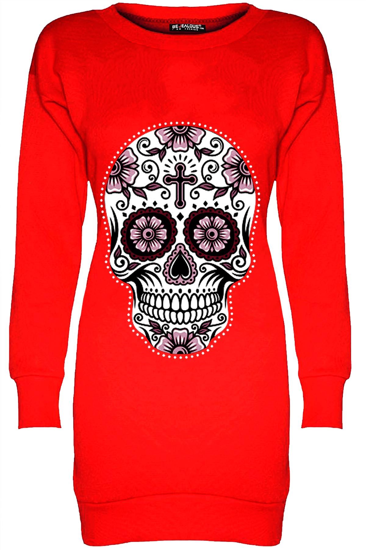 Womens Ladies Flowers Fleece Long Butterfly Skull Sweatshirt Tunic Mini Dress - Picture 7 of 8