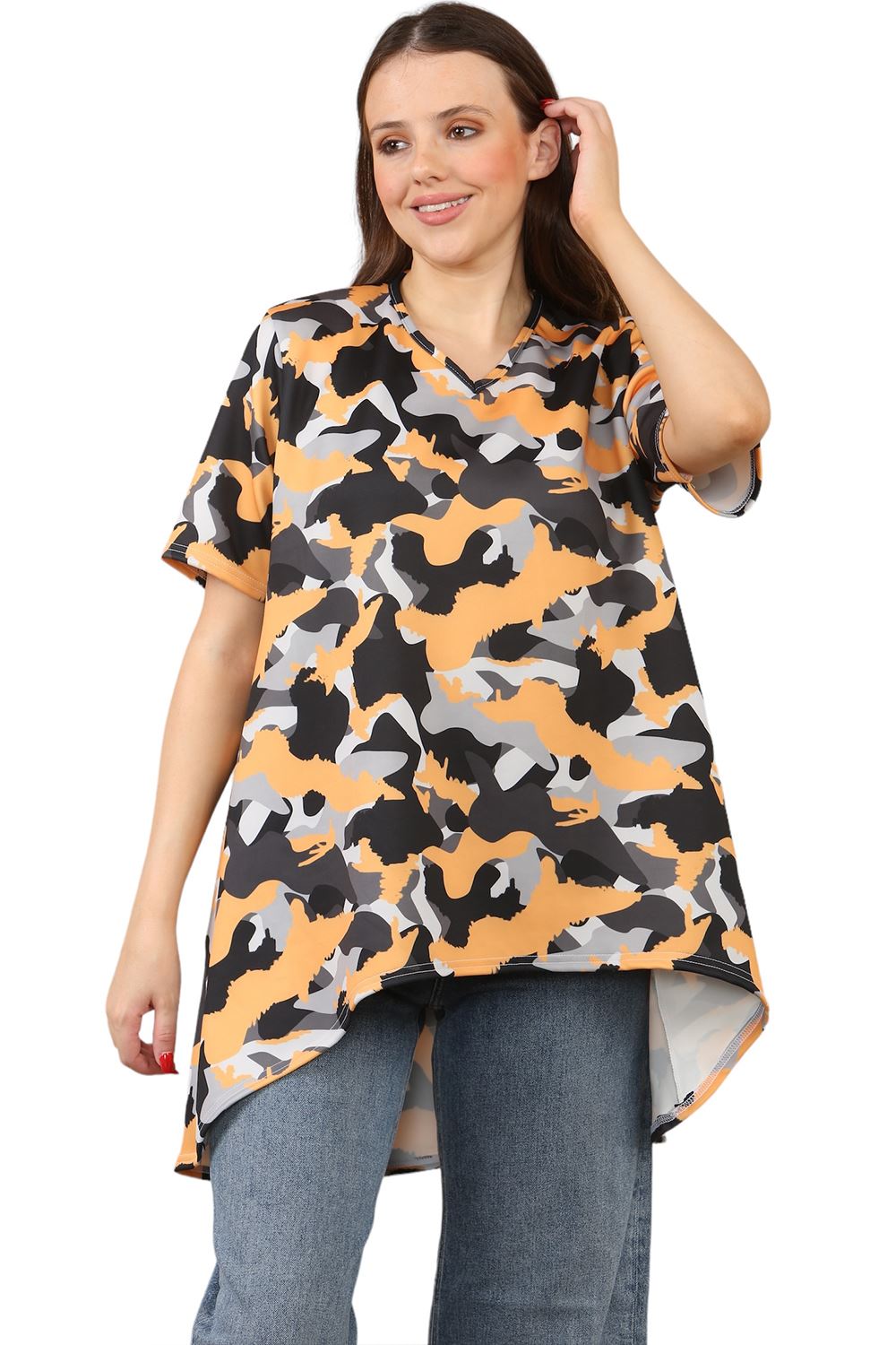 Womens Ladies V-Neck Short Sleeve Long Swing High Low Dipped Hem T-Shirt Top - Picture 19 of 40