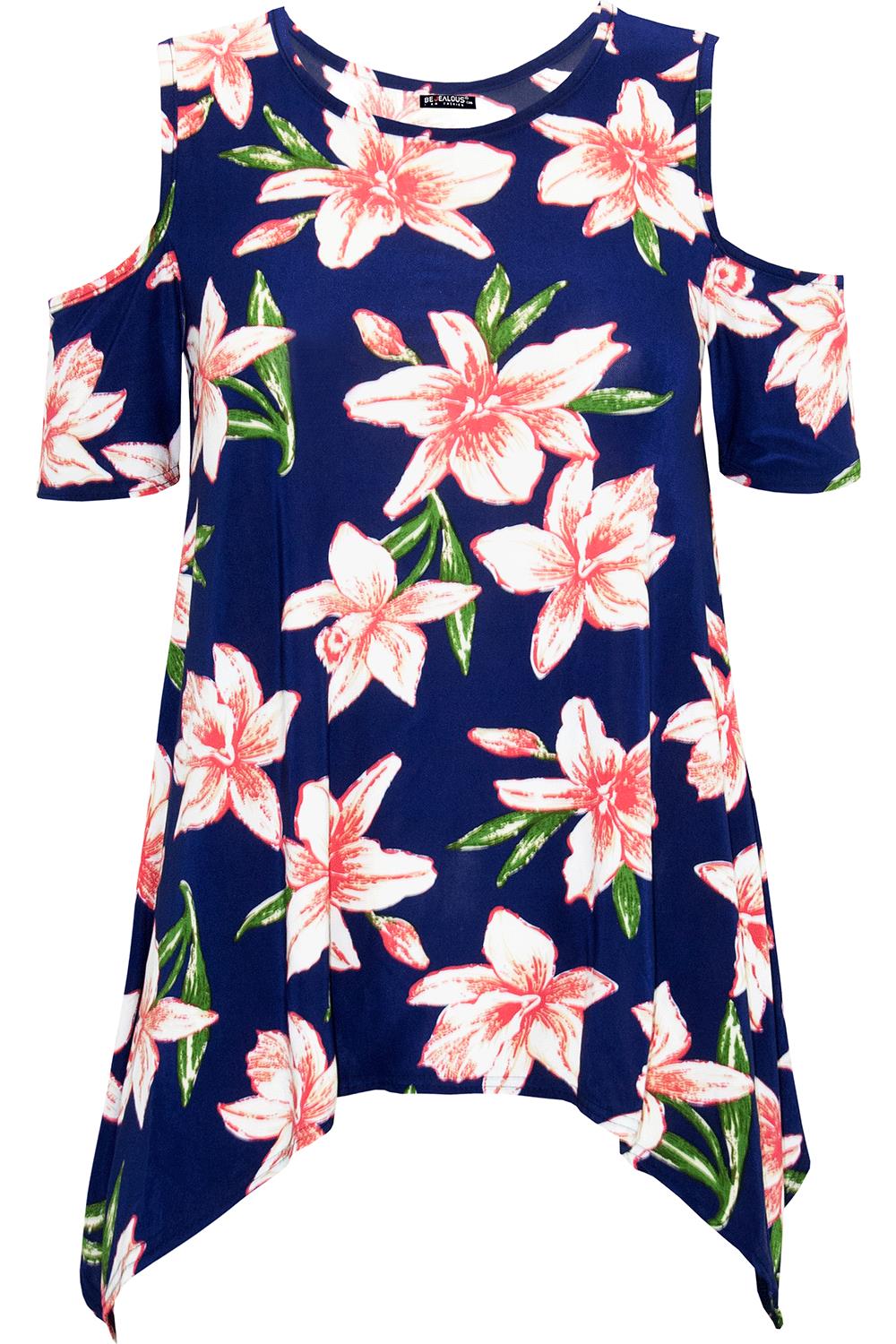 Womens Ladies Floral Long Sleeve Wide Strap Cold Cut Out Shoulder Hanky Hem Top - Picture 19 of 23