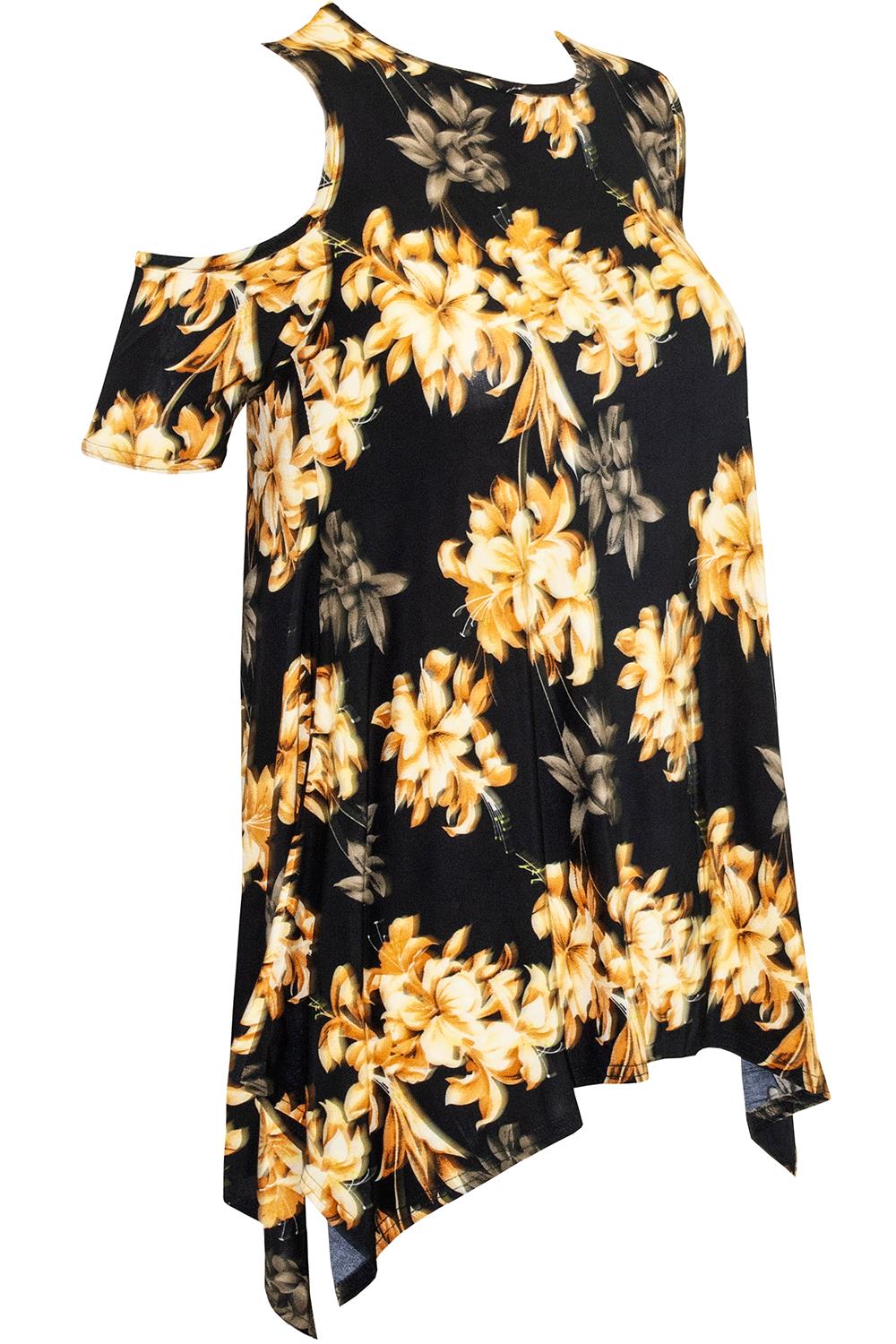 Womens Floral Cap Sleeve Ladies Cold Cut Shoulder Hanky Hem Baggy Oversized Top - Picture 14 of 58