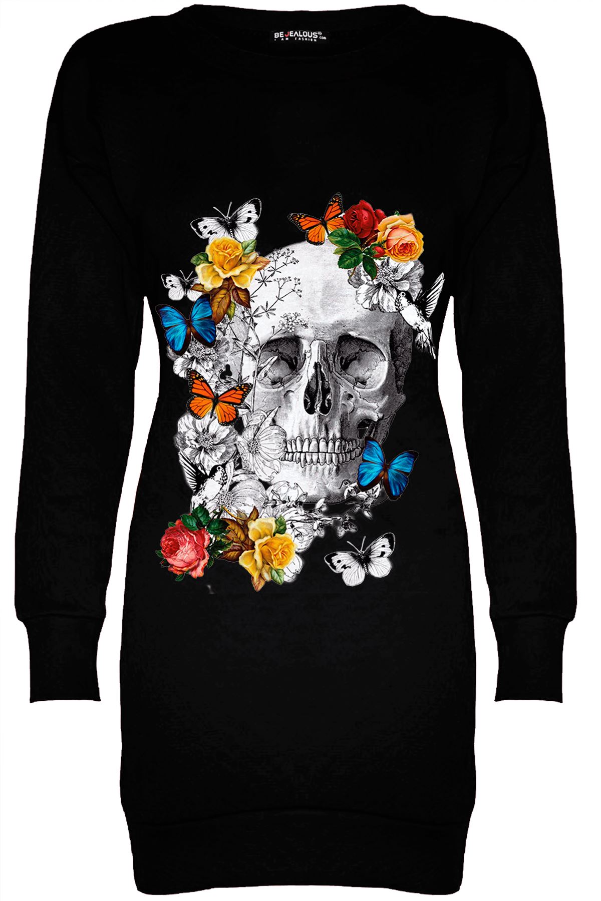 Womens Ladies Flowers Fleece Long Butterfly Skull Sweatshirt Tunic Mini Dress - Picture 2 of 8