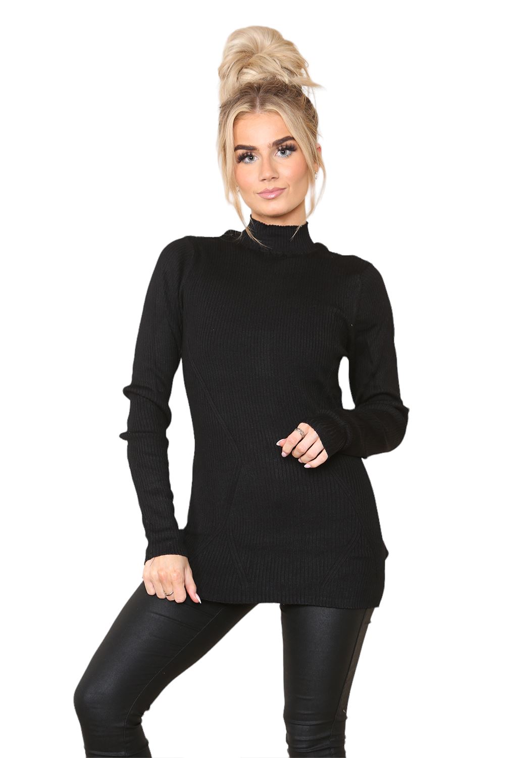 Womens Chunky Cable Ladies Polo Turtle High Neck Ribbed Pullover Long Jumper - Picture 2 of 10