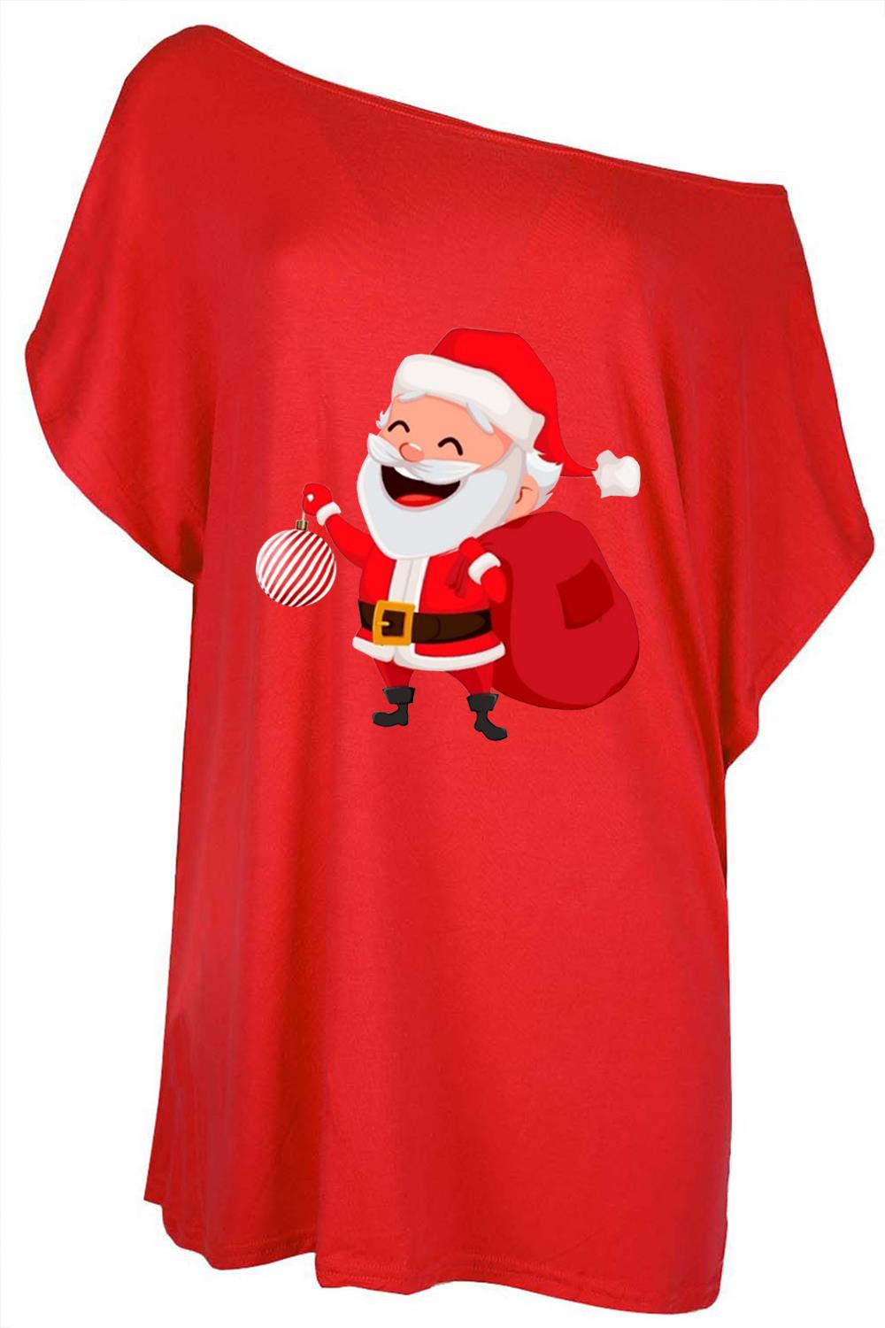 Womens Christmas Santa Oversized Top Ladies Baggy Batwing One Shoulder T Shirt - Picture 3 of 15