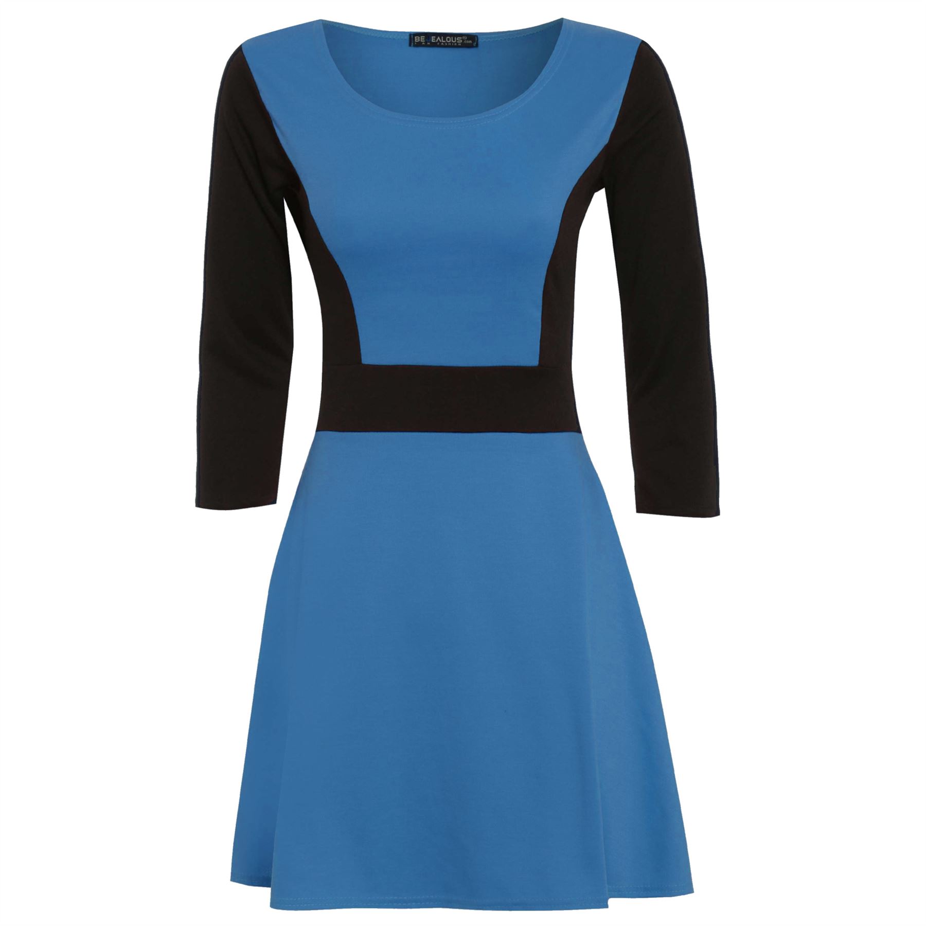 Women Ladies 3/4 Sleeve Slimming Effect Contrast Flared Skater Dress Plus Size - Picture 7 of 13