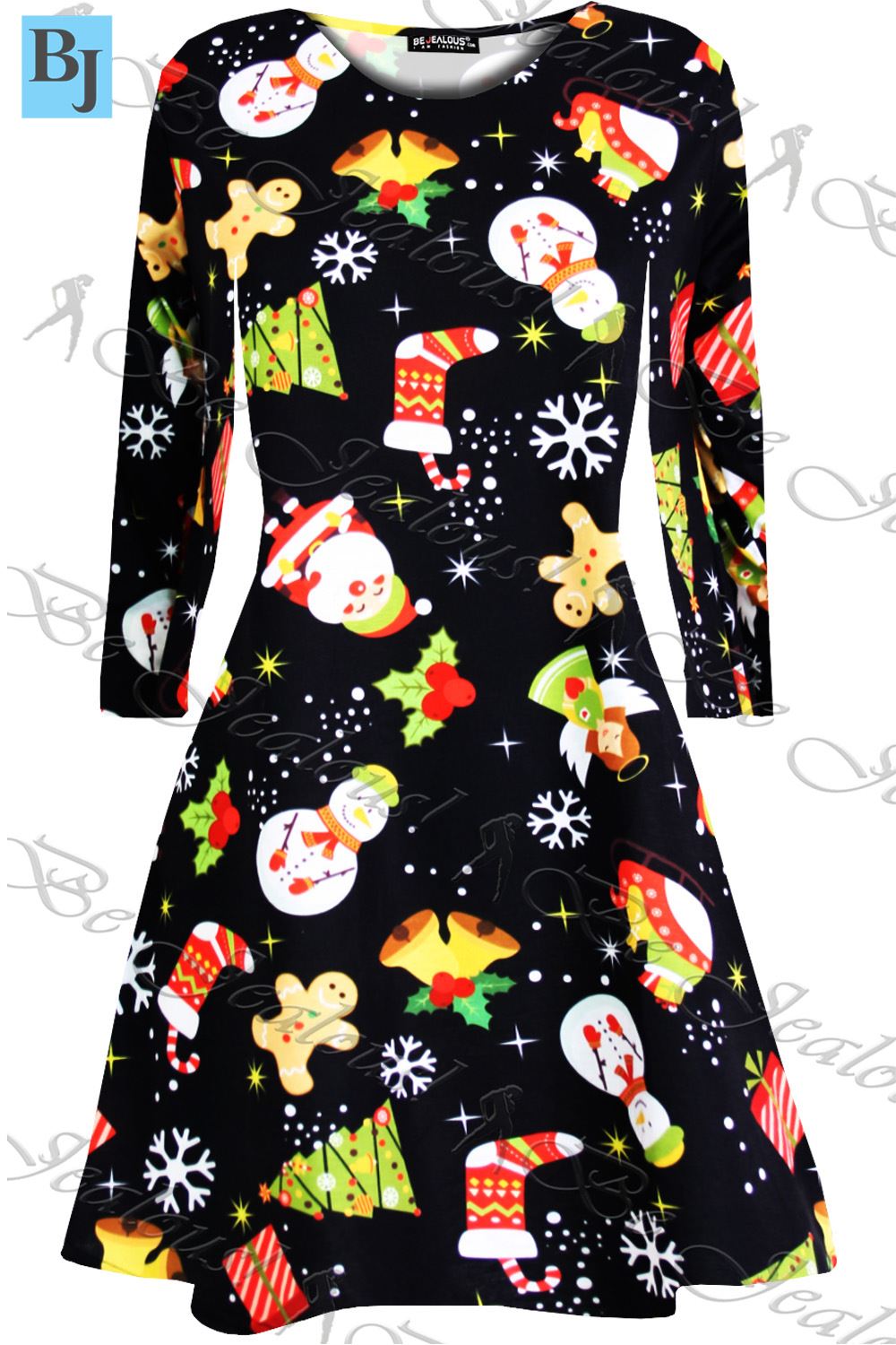 Kids Xmas Kissing Reindeer Snowflakes Aztec Print Christmas Girls Swing Dress - Picture 29 of 187
