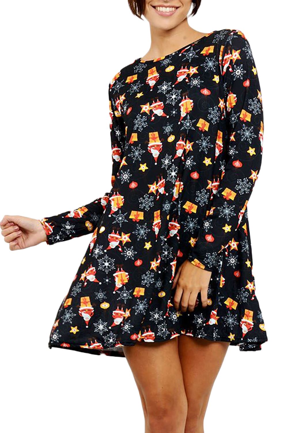 Womens Ladies Xmas Santa Gifts Snowman Christmas Printed Skater Mini Swing Dress - Picture 14 of 35