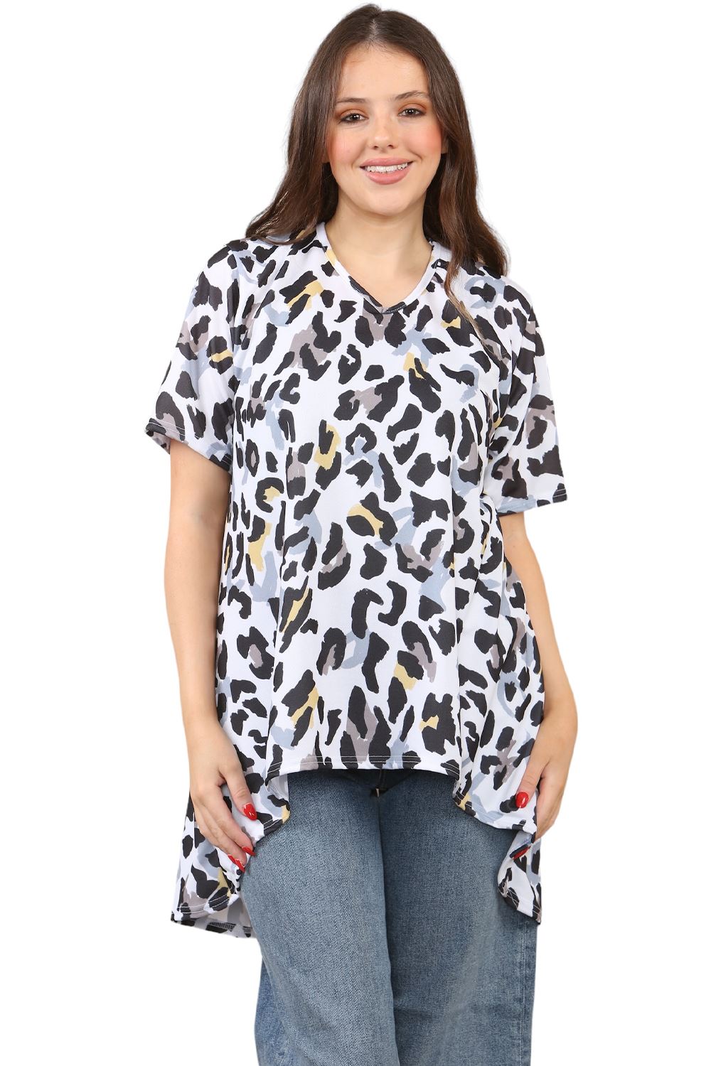 Womens Ladies V-Neck Short Sleeve Long Swing High Low Dipped Hem T-Shirt Top - Picture 38 of 40