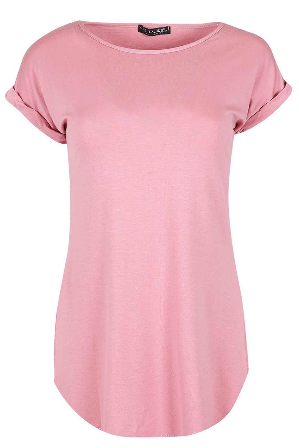 Womens Ladies Turn Up Sleeve Round Neck Curved Hem Bonjour Jersey T-Shirt Top - Picture 9 of 49