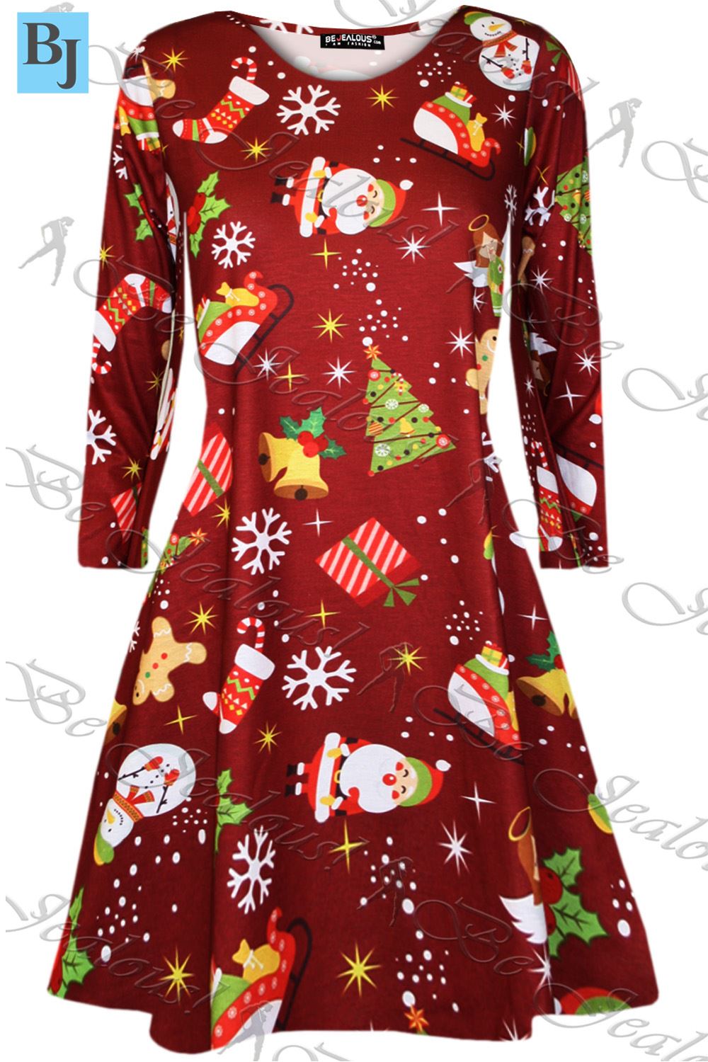 Kids Xmas Kissing Reindeer Snowflakes Aztec Print Christmas Girls Swing Dress - Picture 49 of 187