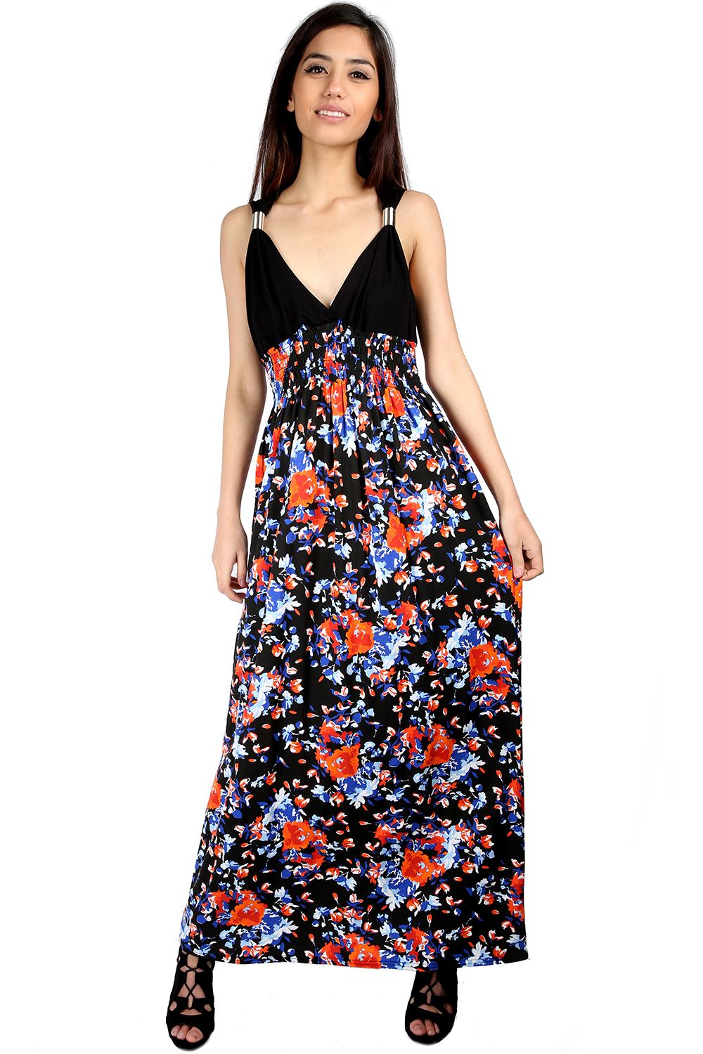 Womens Spring Coil Maxi Dress Ladies Sleeveless Contrast Panel Floral
